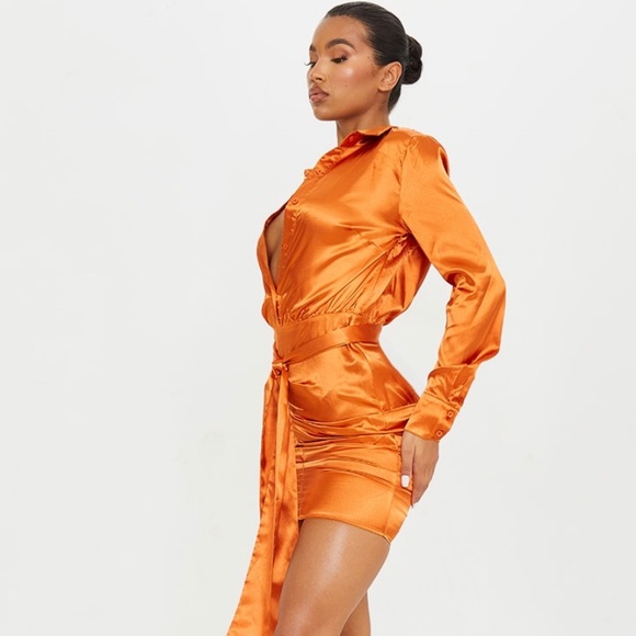 orange satin shirt dress Janasya Women's Orange Satin Solid Fit & Flare Dress Orange / L